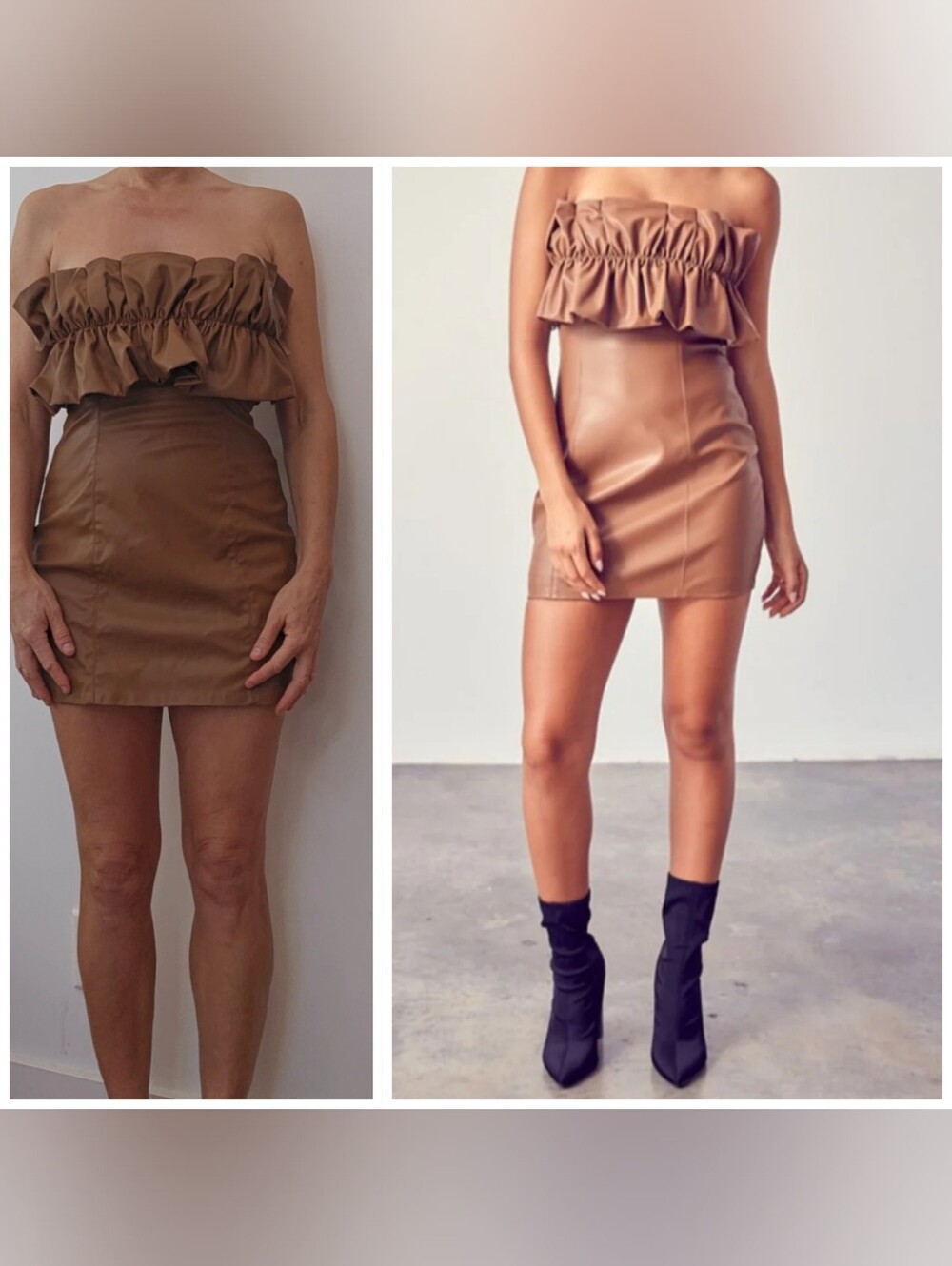 Lilyful Camel Warm Tan V Leather Ruffle Strapless Mini Dress S